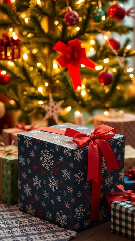 A Christmas gift wrapped in festive paper with a red ribbon under a Christmas tree.